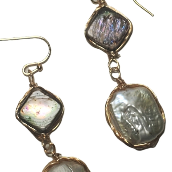 Abalone Shell And Freshwater Pearl Drop Earrings - Picture 6 of 7